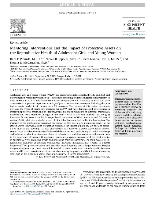 A cover picture for the article on mentoring Interventions and the Impact of Protective Assets on the Reproductive Health of Adolescent Girls and Young Women 