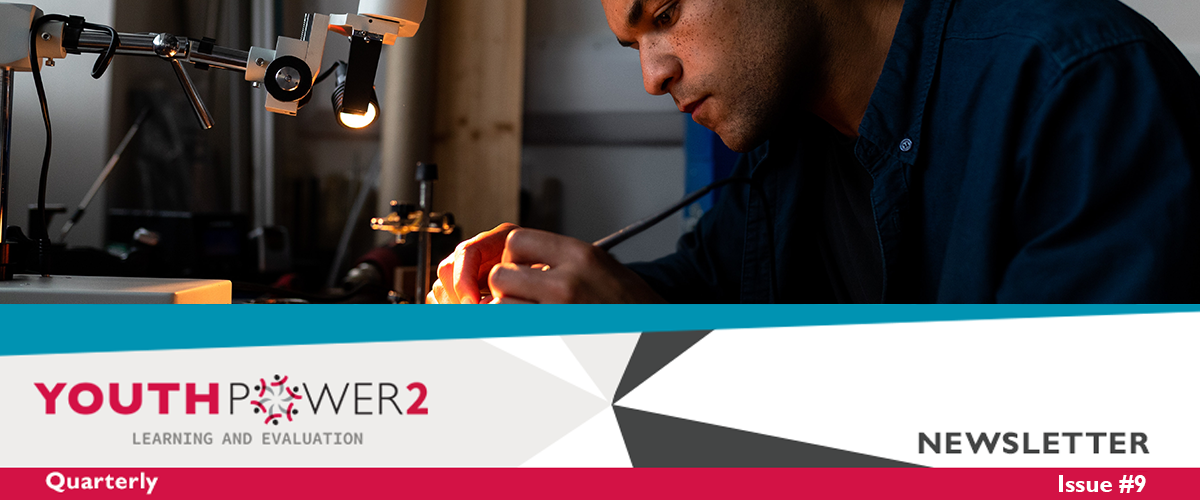 Newsletter header for Issue #9 featuring a young man sitting and working in his workshop underneath a light.