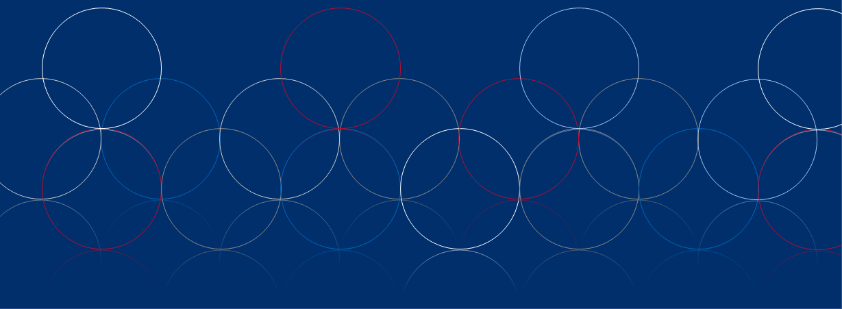 Interlinking circles in red, white blue and grey