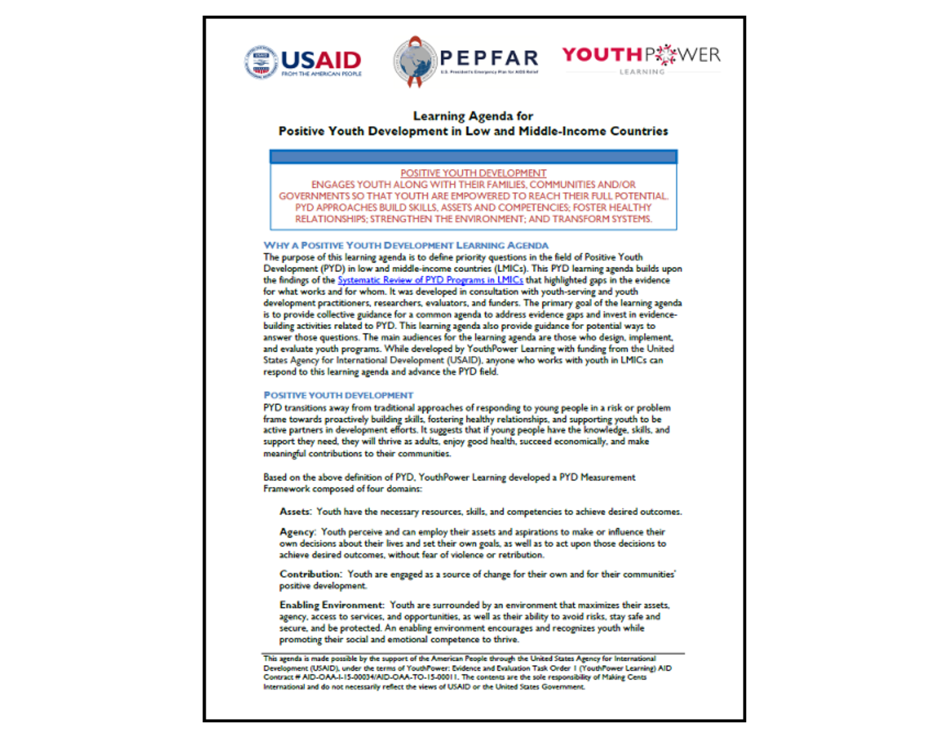 Learning Agenda for Positive Youth Development in Low and Middle-Income Countries