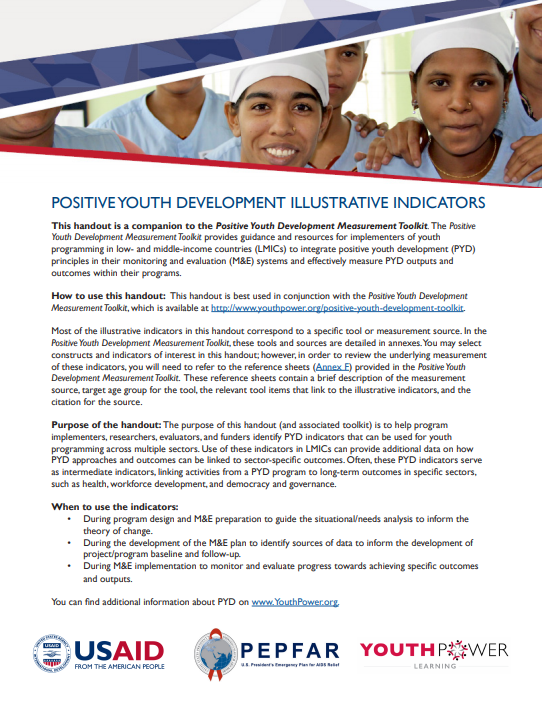 Cover page for 'Positive Youth Development Illustrative Indicators'. In the page is a picture of young men and women wearing chef hats and smiling at the camera. 