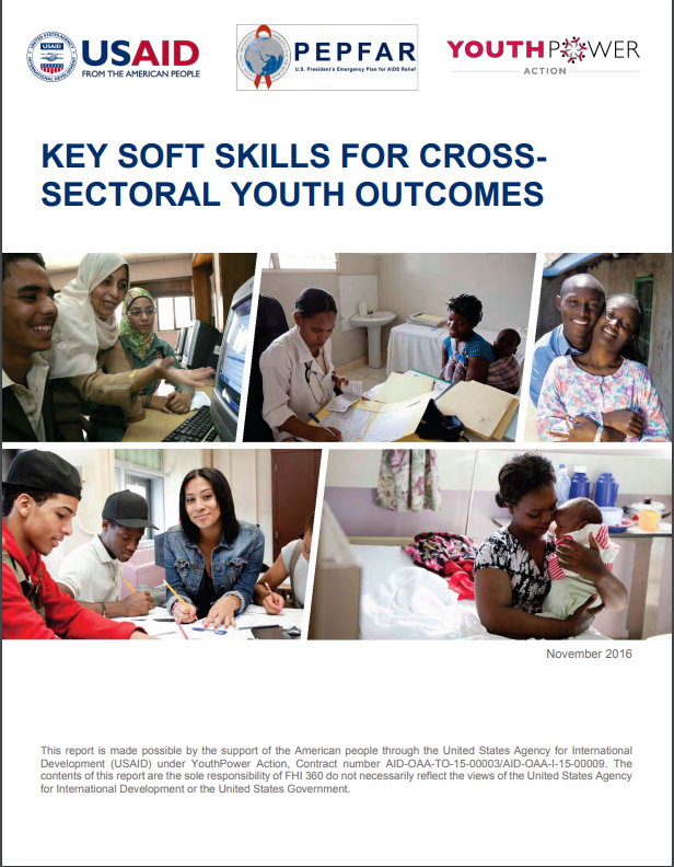 A cover for "Key Soft Skills for Cross-Sectoral Youth Outcomes", contains five pictures of young people engaged in different activities. 